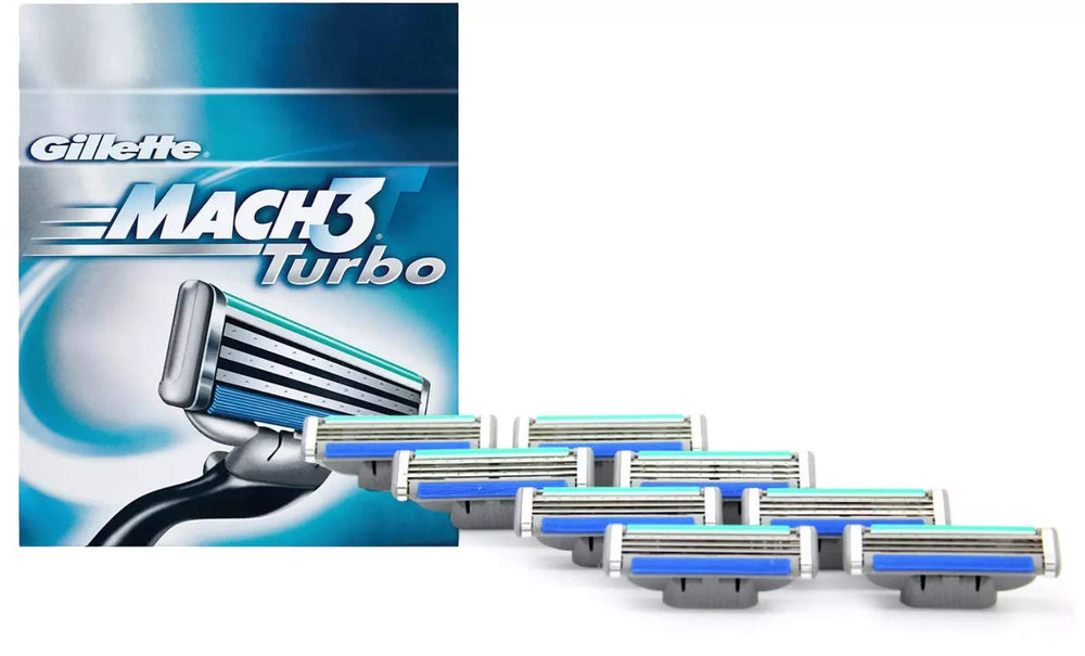 Gillette Mach 3 Turbo refill packaging varies to indicate genuine refills in box.