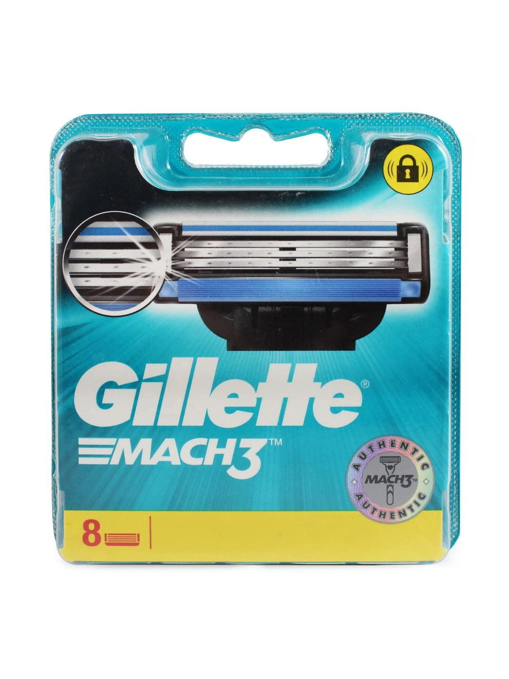 Gillette Mach 3 8-pack packaging variations, emphasizing EU-made quality and value