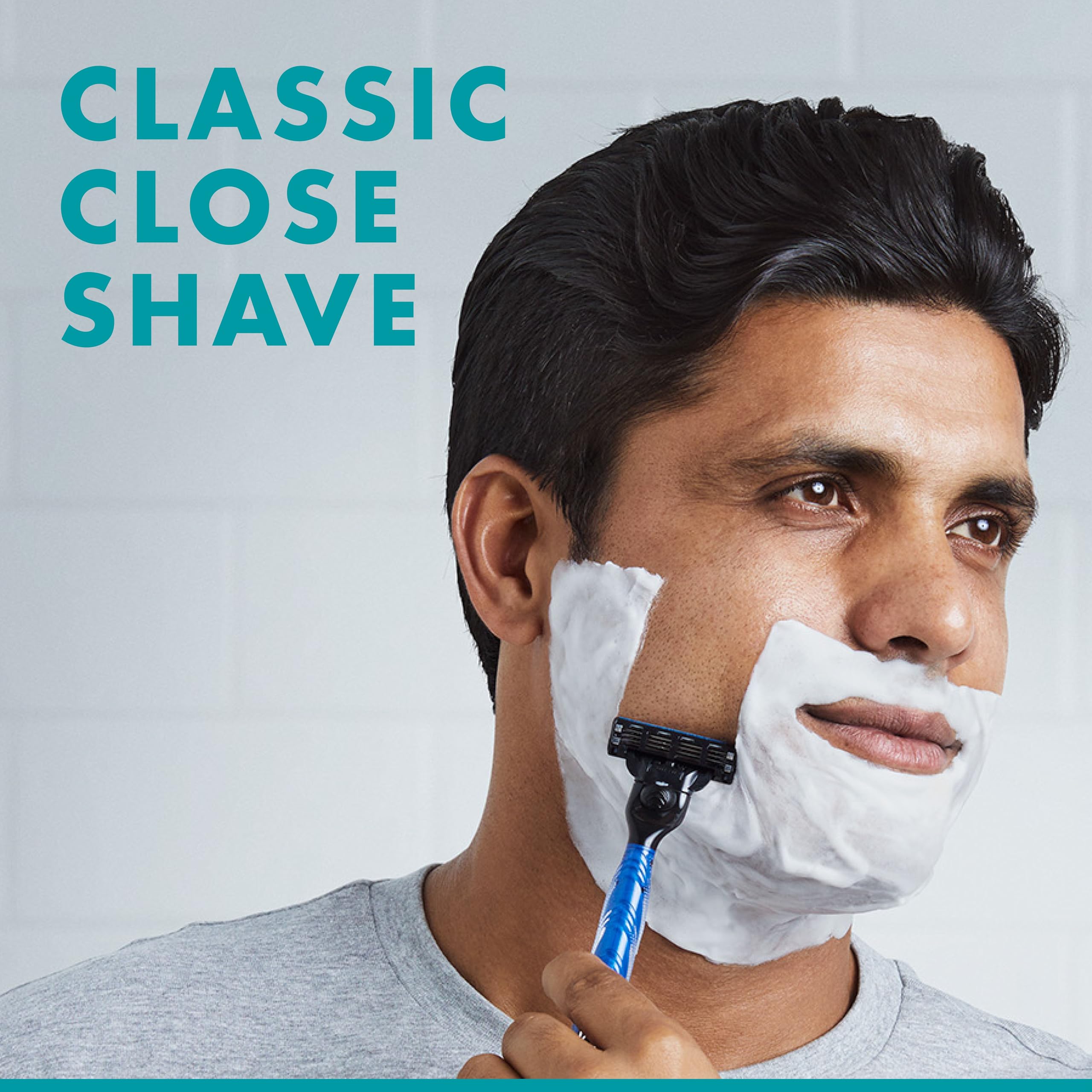 Gillette Mach3 with comfort guard microfins visible, smoothing skin for an effortless, even shave.