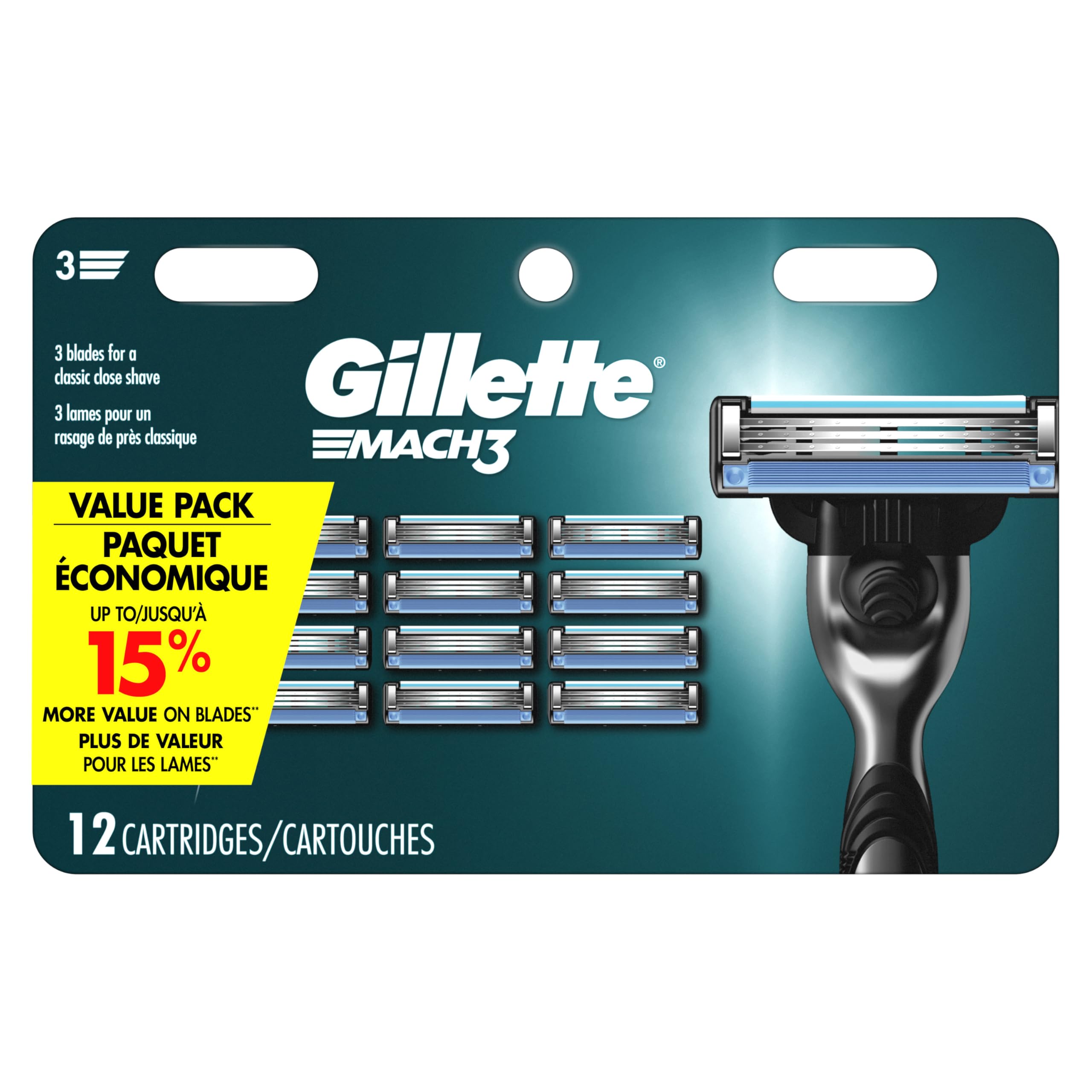 Mach3 razor refils pack shot with 12 cartridges for consistent close shaves.