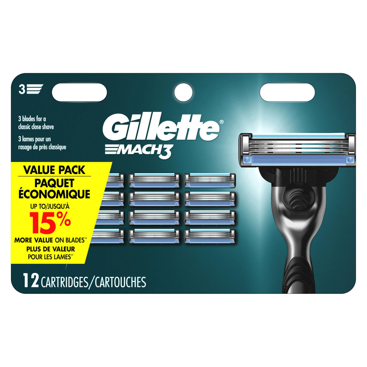 Mach3 razor refils pack shot with 12 cartridges for consistent close shaves.