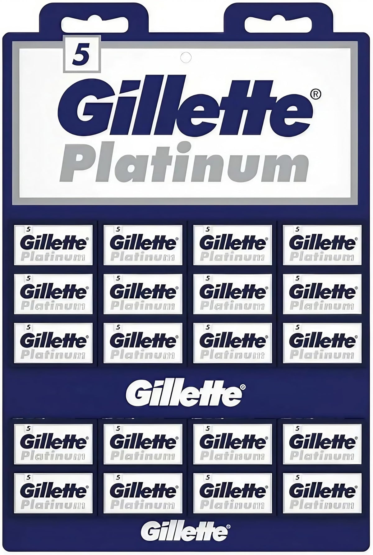 Gillette Platinum double-edge blades on display card for barbershop use and everyday shaving.