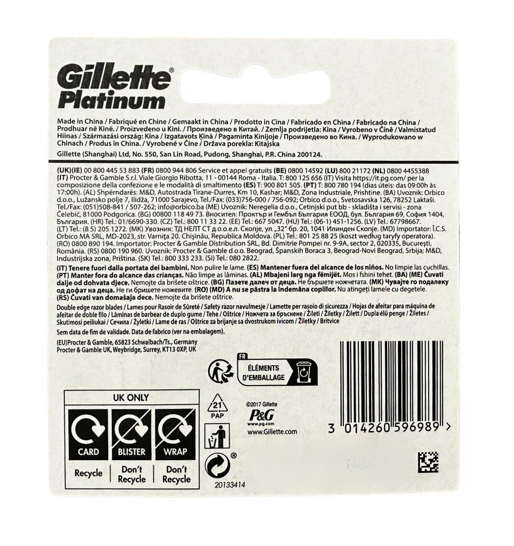 Gillette Platinum Double Edge blades product shot signals premium shaving quality.