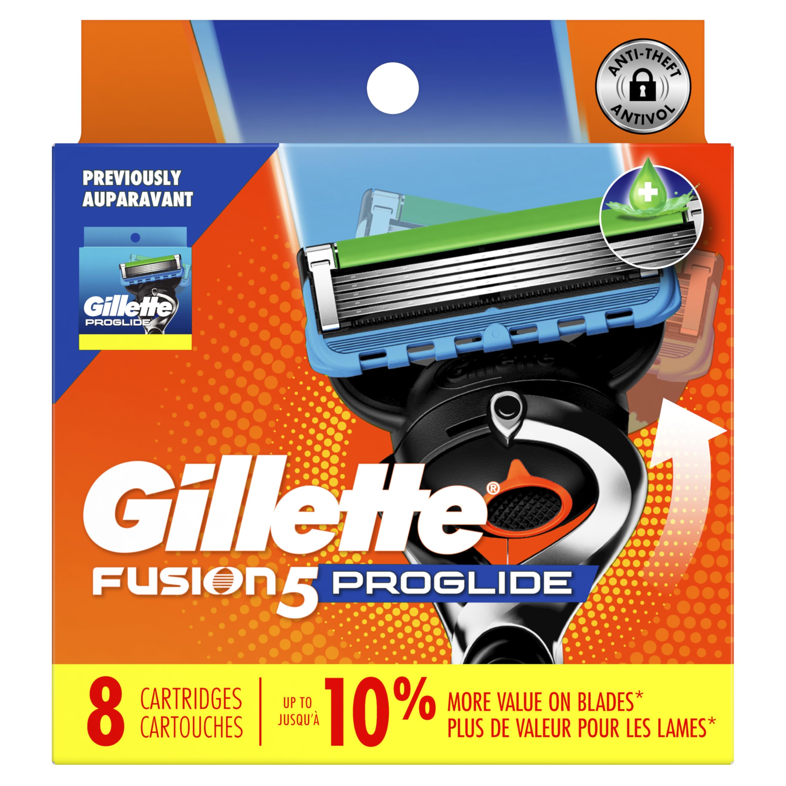 Gillette ProGlide refill pack displays eight cartridges for quick replenishment.