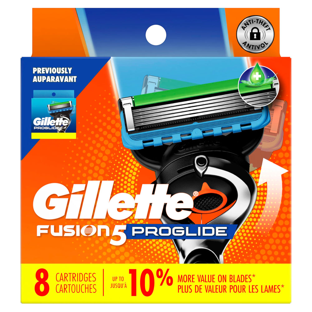 Gillette ProGlide refill pack displays eight cartridges for quick replenishment.