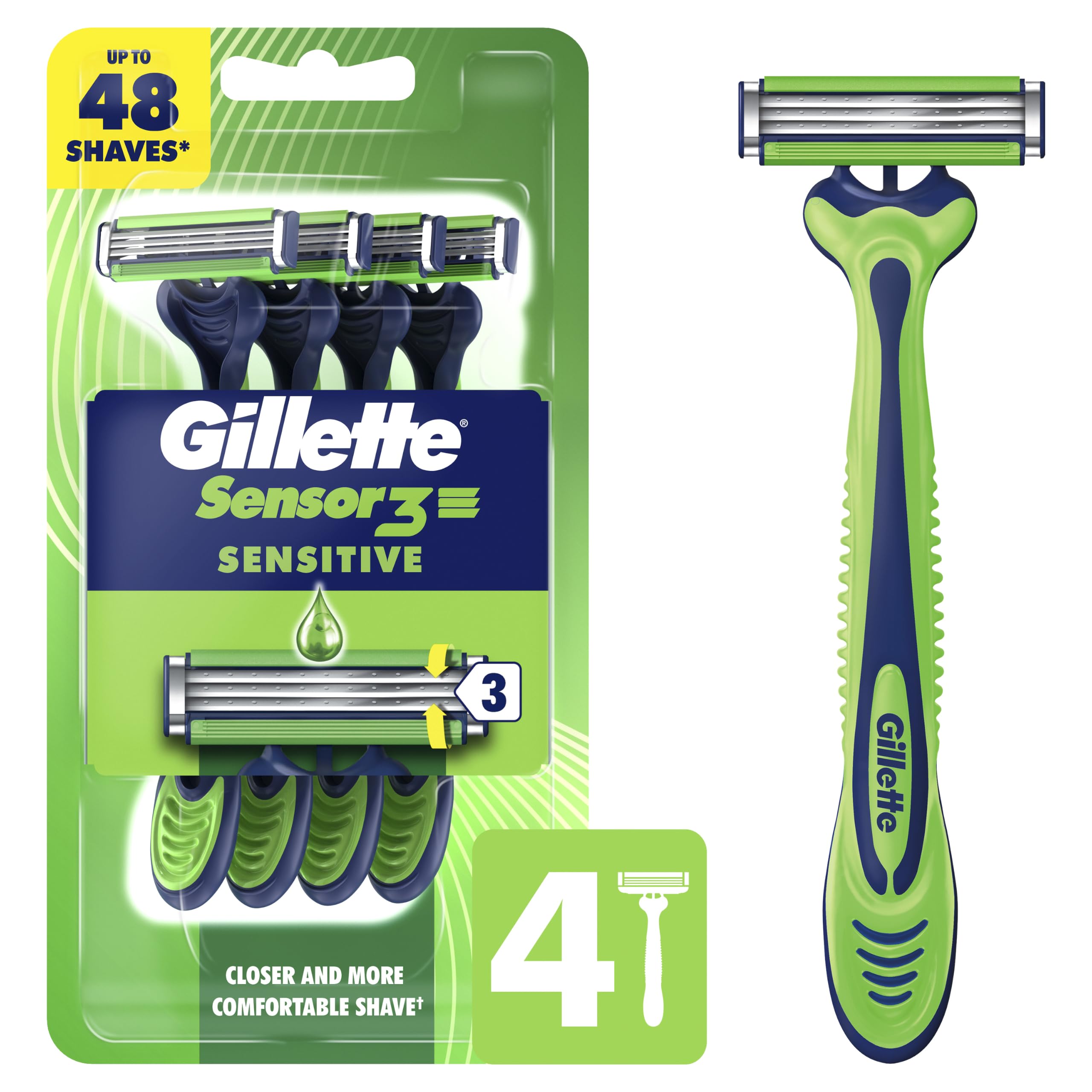 Gillette Sensor3 Sensitive front packaging showing four razors and benefits