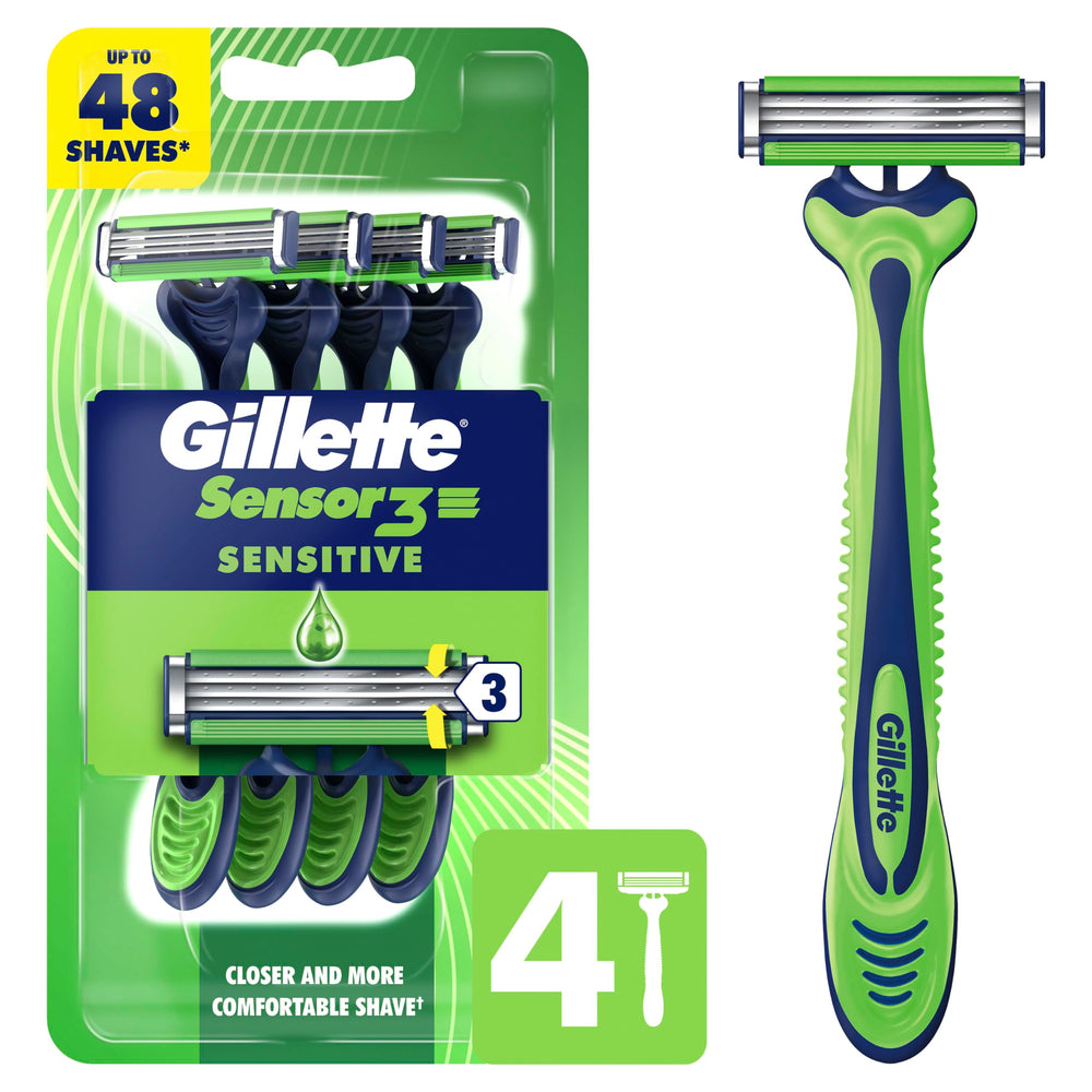 Gillette Sensor3 Sensitive front packaging showing four razors and benefits