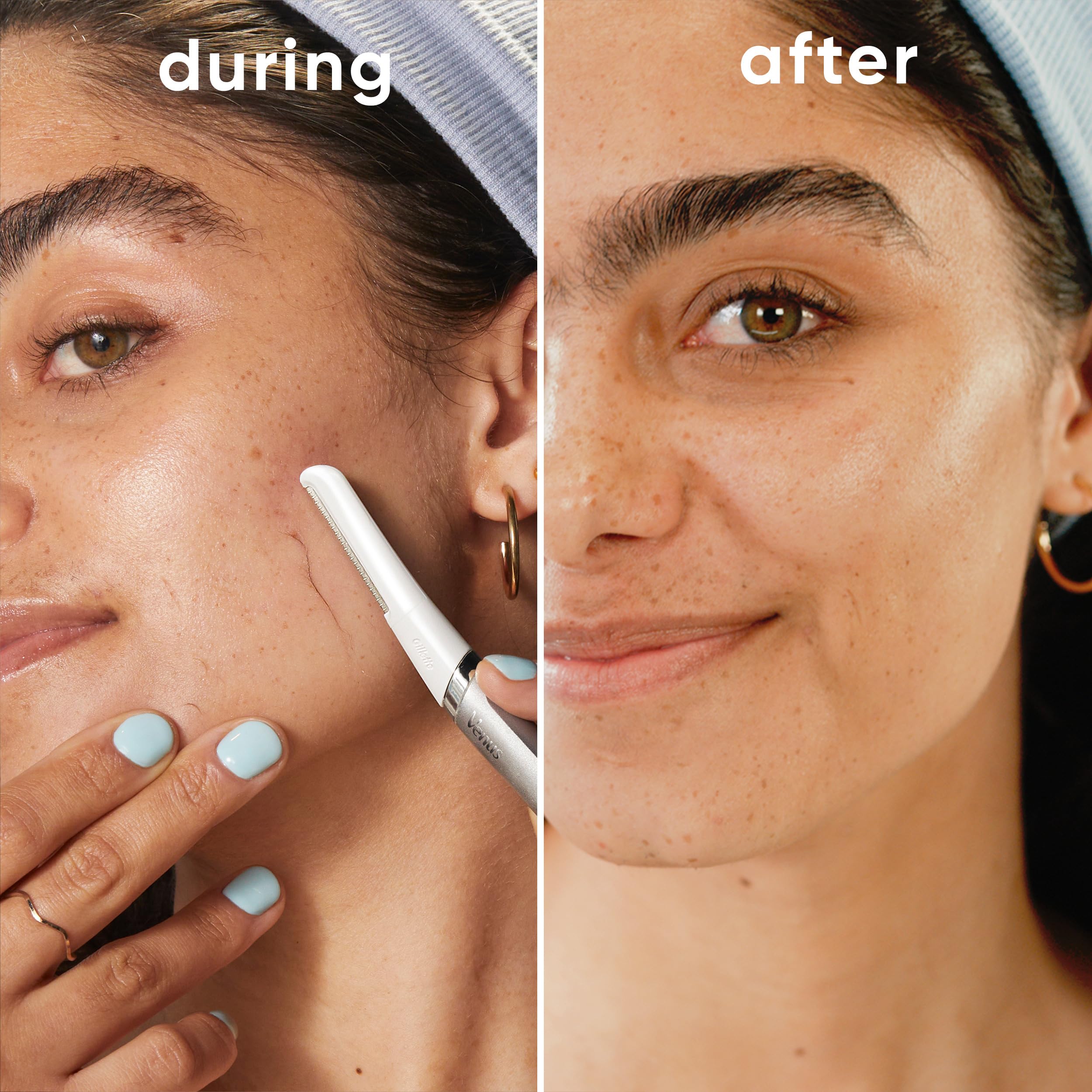 Protective tip on Gillette Venus dermaplaning blade for skin-friendly shaving.
