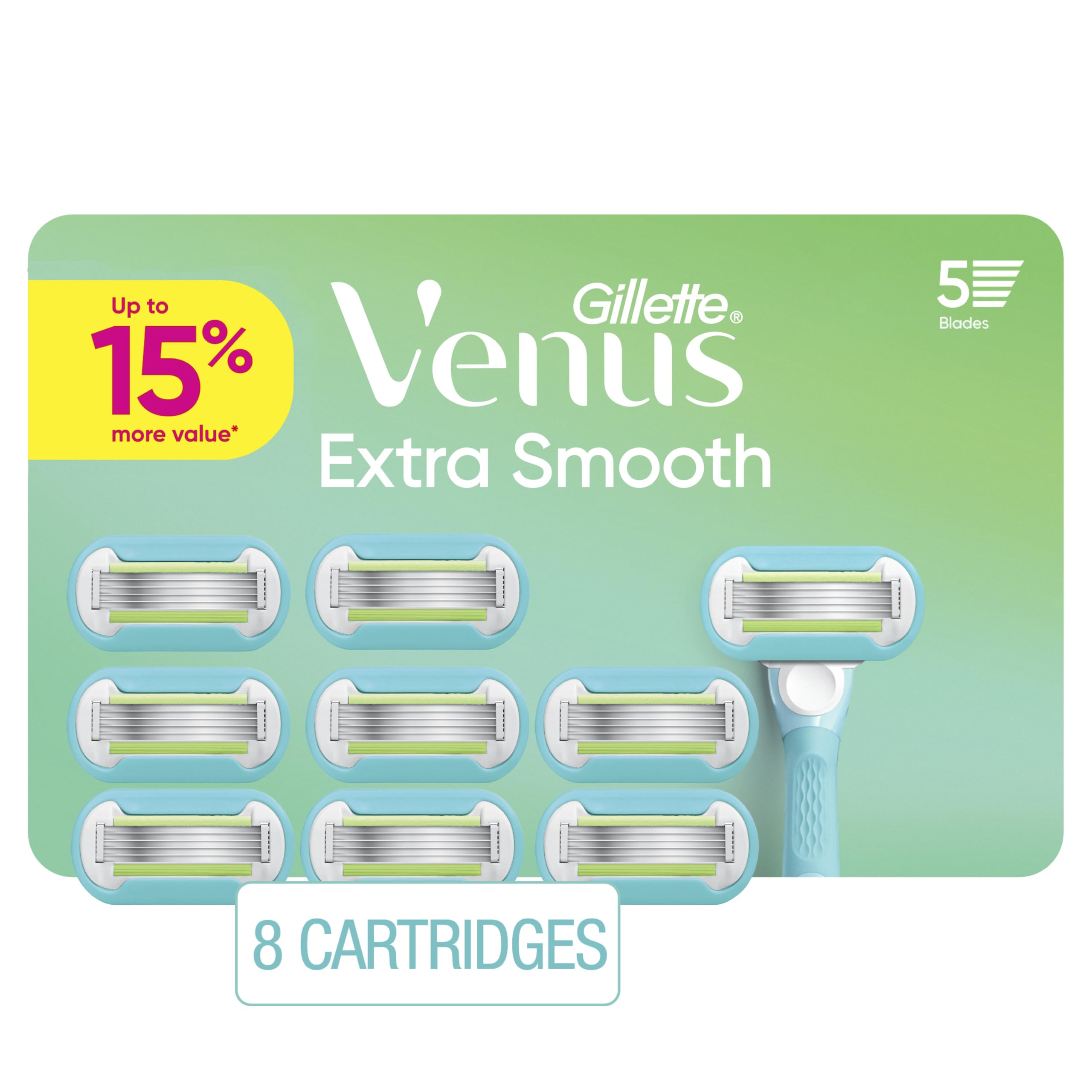 Gillette Venus Extra Smooth blades pack front with five blades for a long-lasting shave