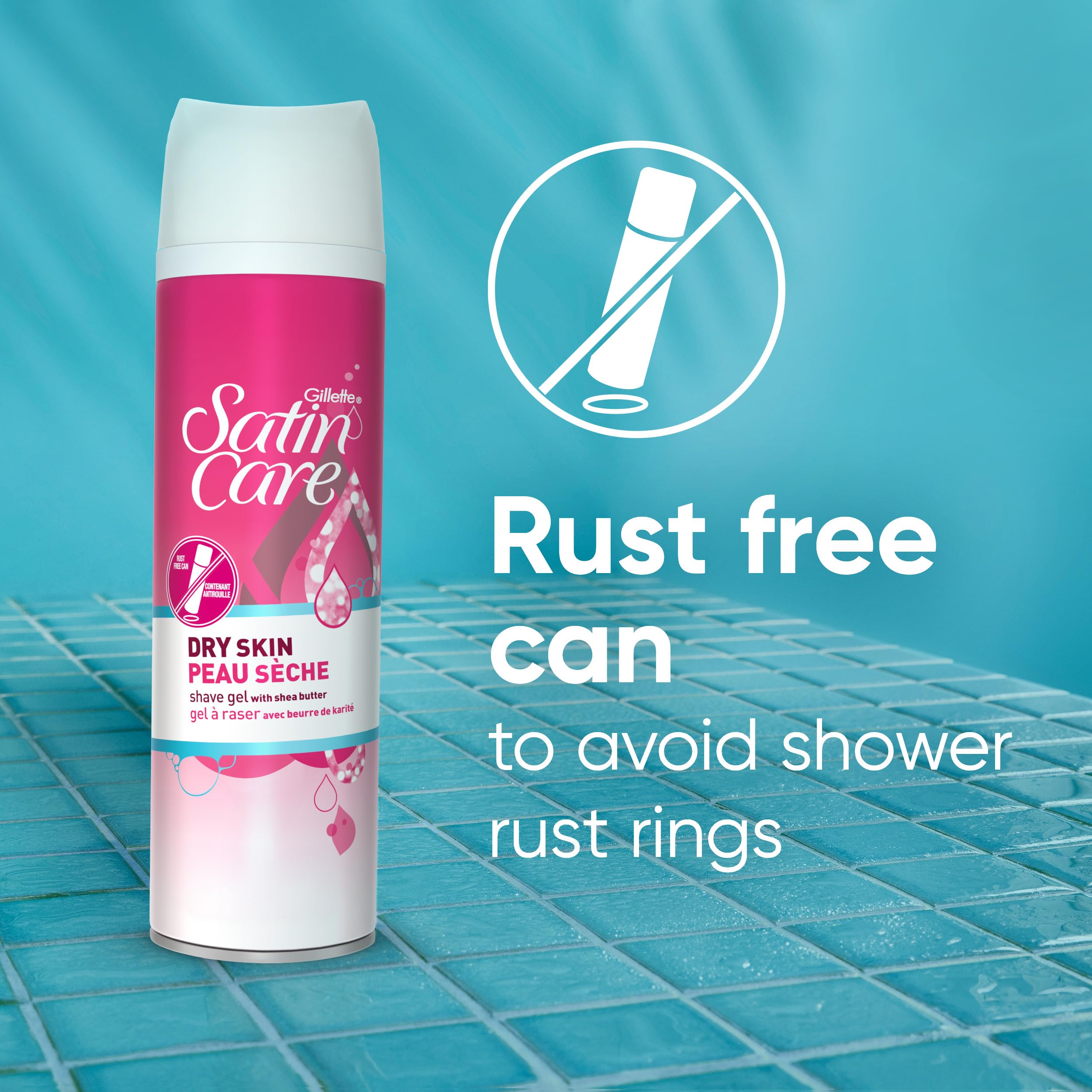 Rust-free can of Gillette Venus Satin Care Dry Skin shave gel highlighted in shower scene.