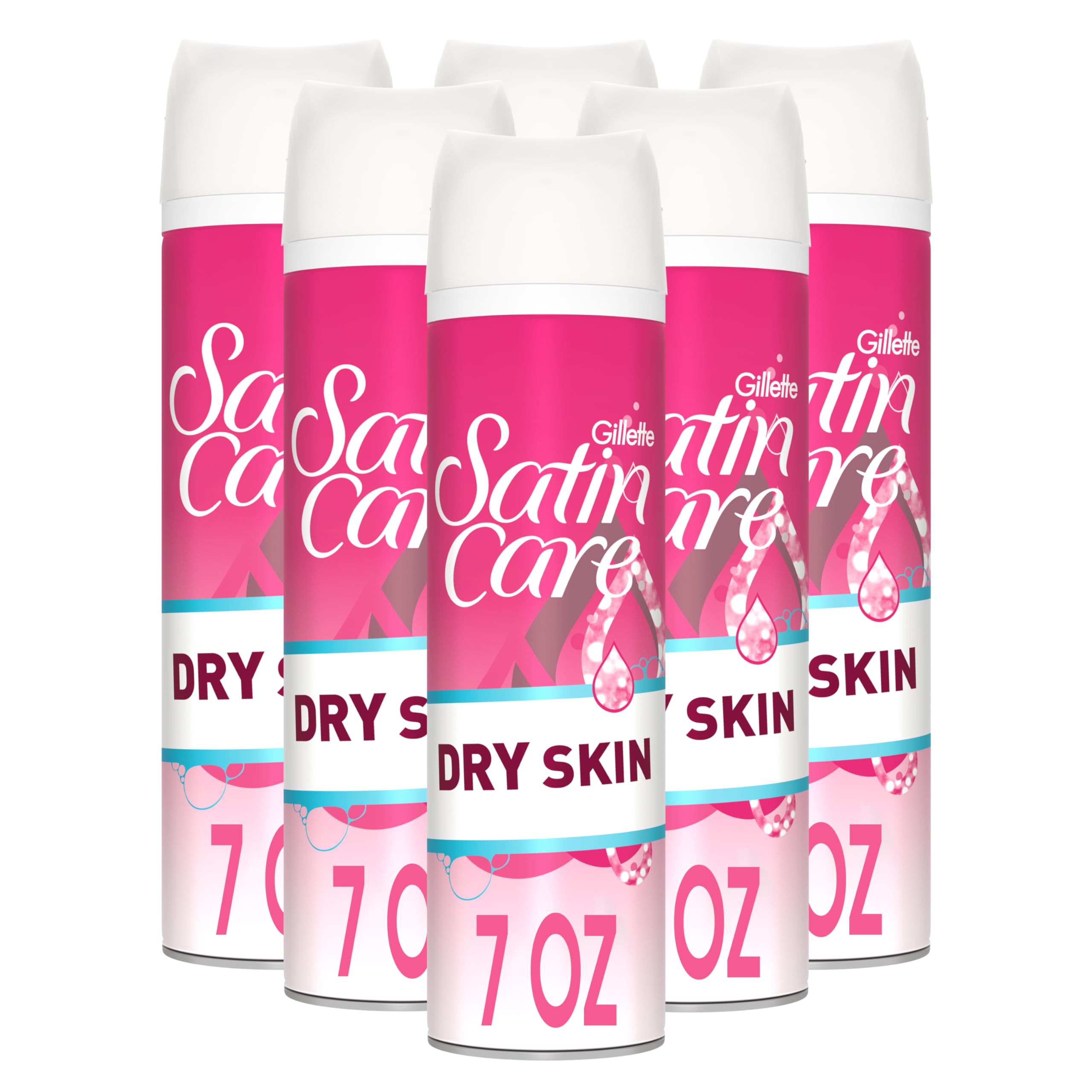 Gillette Venus Satin Care Dry Skin shave gel packaging in rust-free can for mess-free storage.