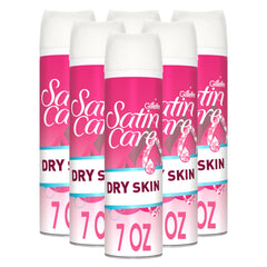 Gillette Venus Satin Care Dry Skin shave gel packaging in rust-free can for mess-free storage.