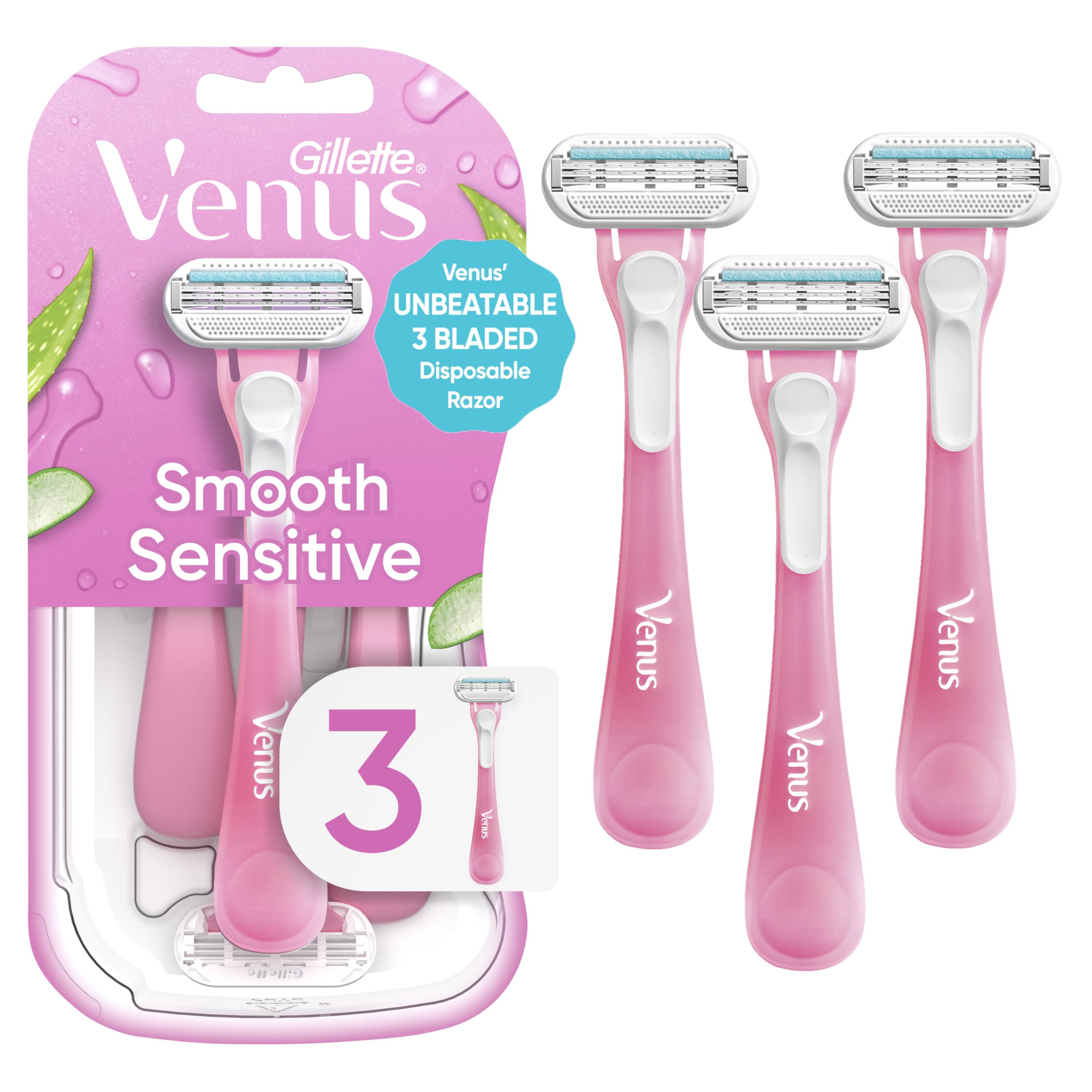 Gillette Venus front packaging showing three disposable razors and benefits