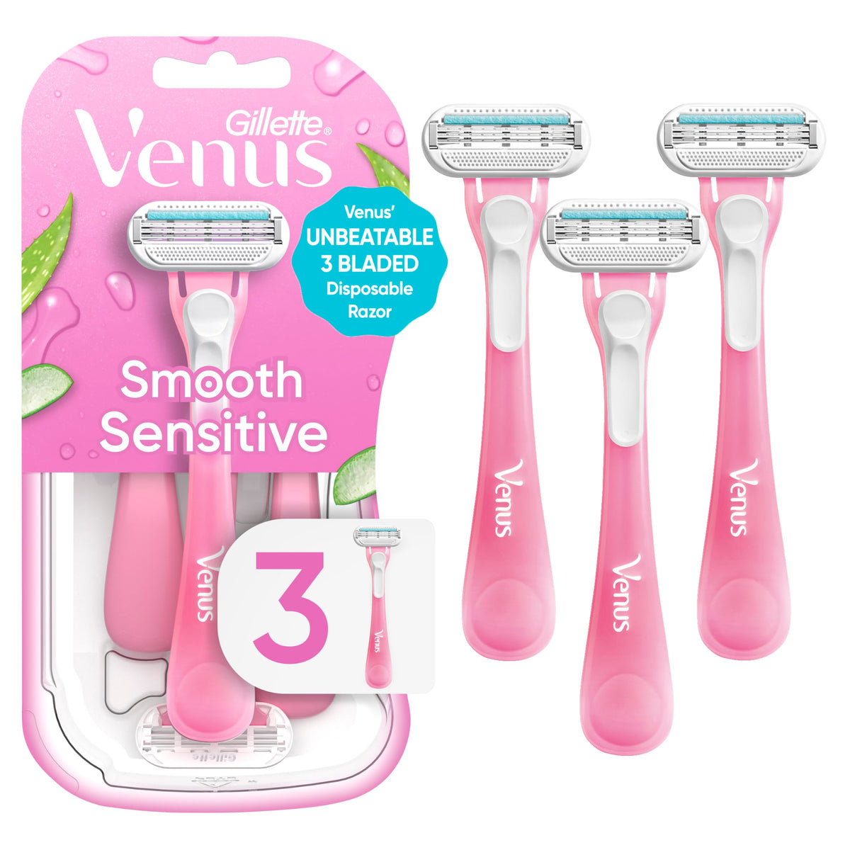 Gillette Venus front packaging showing three disposable razors and benefits