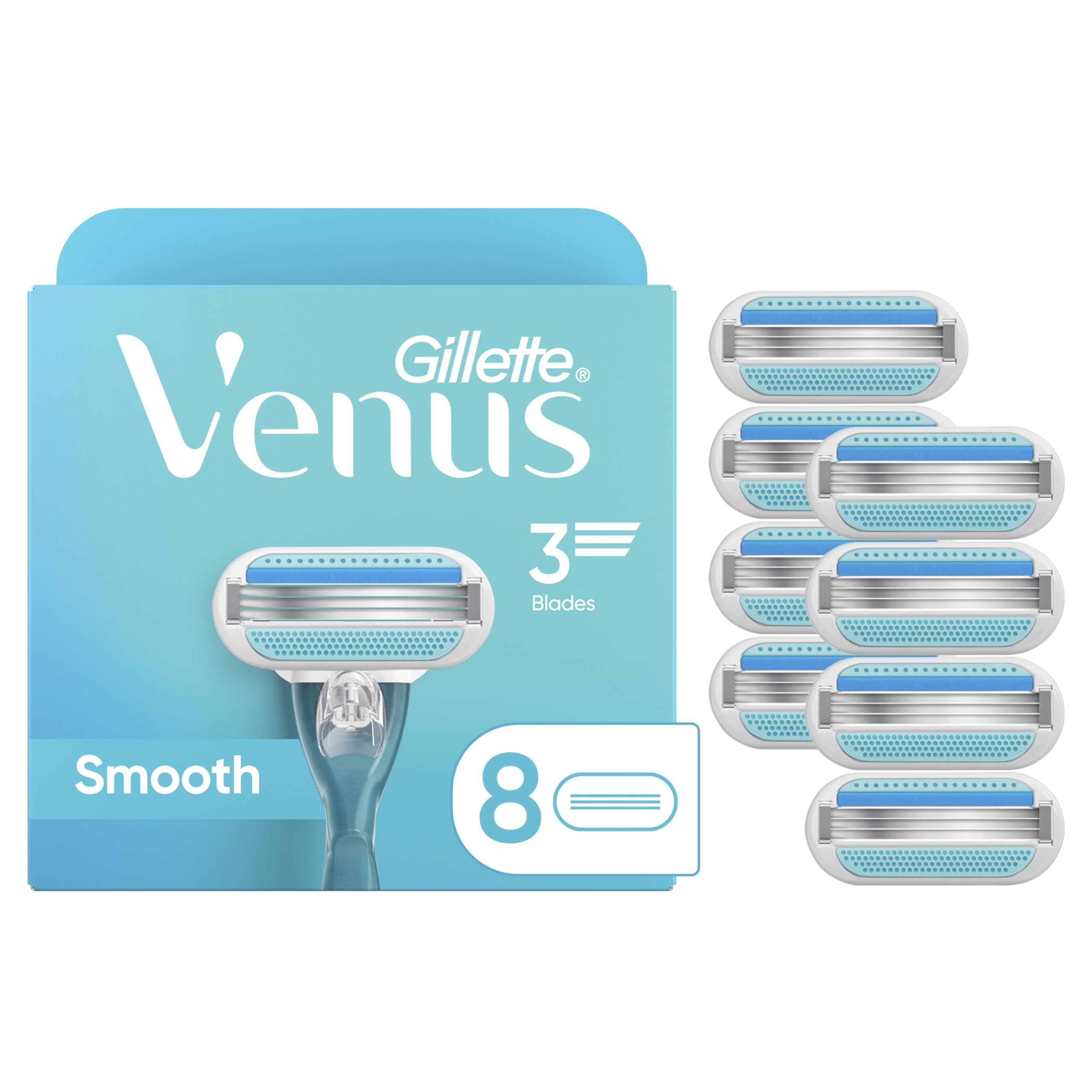 Gillette Venus Smooth razor refills eight-count pack for quick, comfortable shave.