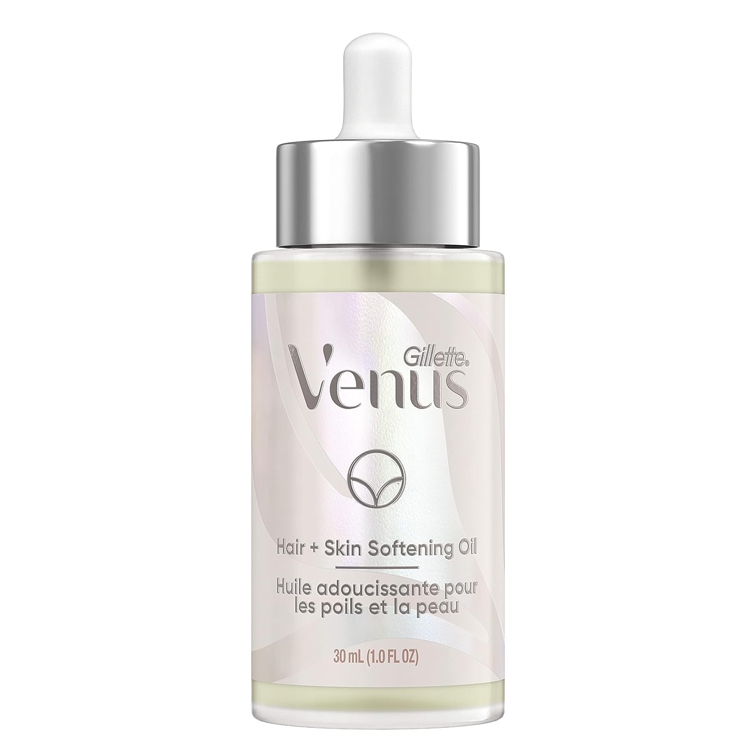 Gillette Venus Softening Oil bottle showing plant-based formula for skin and hair hydration.