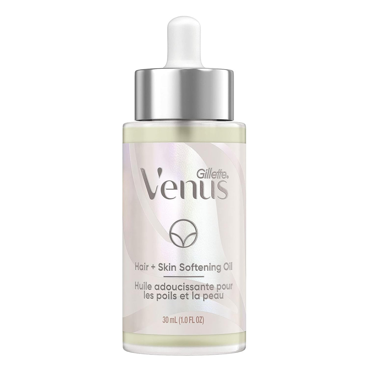 Gillette Venus Softening Oil bottle showing plant-based formula for skin and hair hydration.