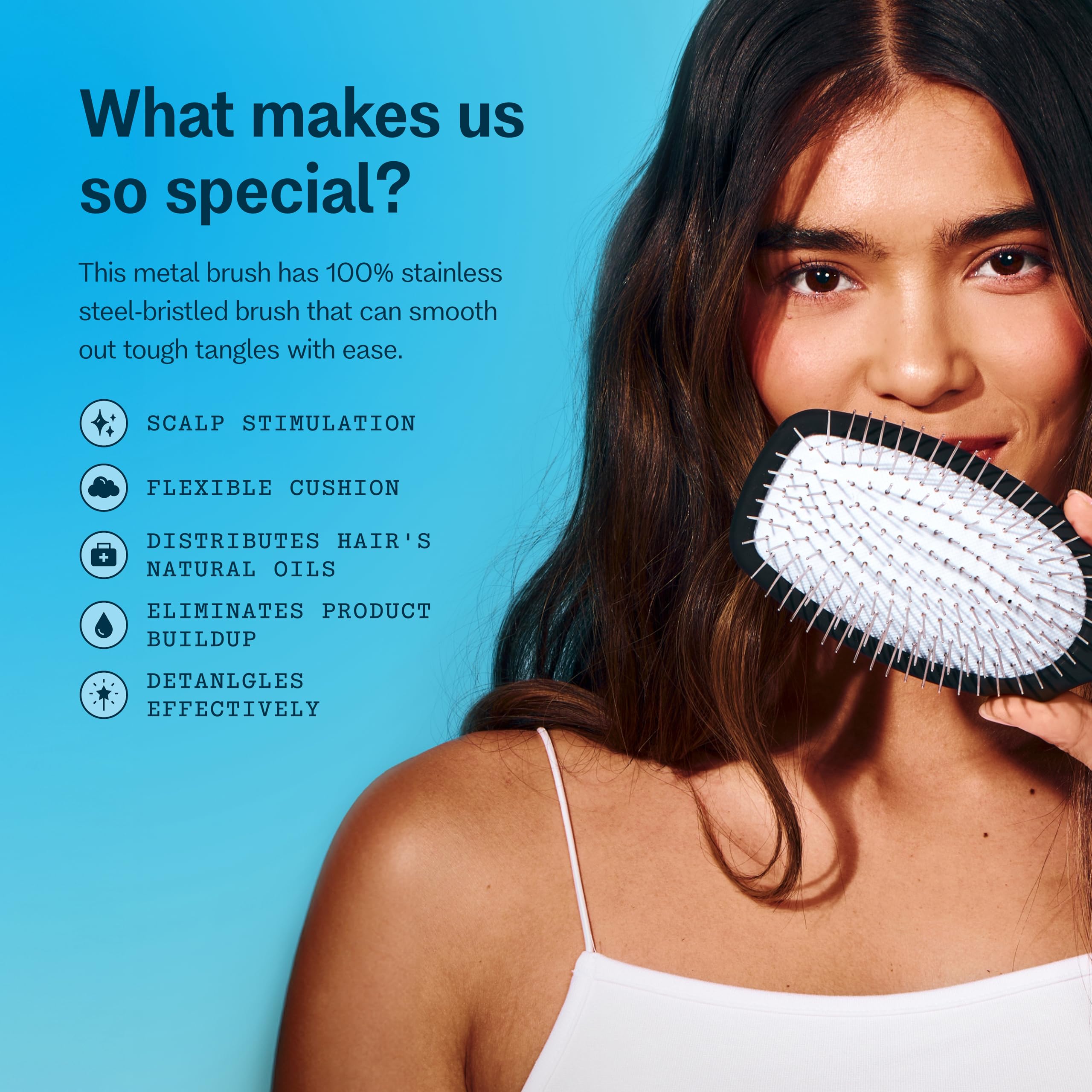 GIMME Beauty Metal Bristle Brush in use detangling hair and distributing oils