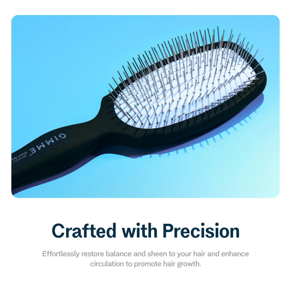GIMME Beauty Metal Bristle Brush on scalp-care scene with gentle circulation focus