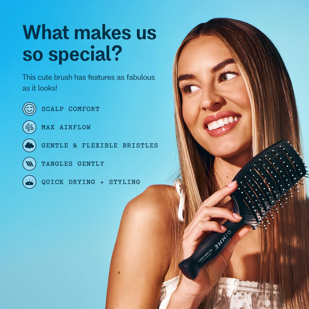 GIMME Beauty vented detangling brush heat-resistant bristles close-up for heat styling.