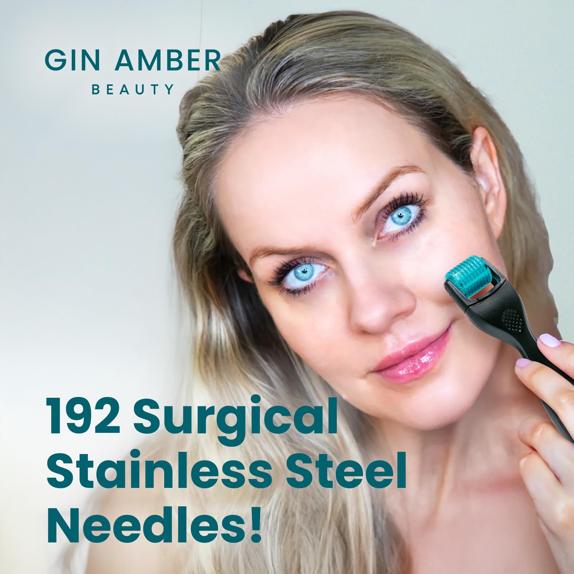 Gin Amber Beauty derma roller being used on the face for application.