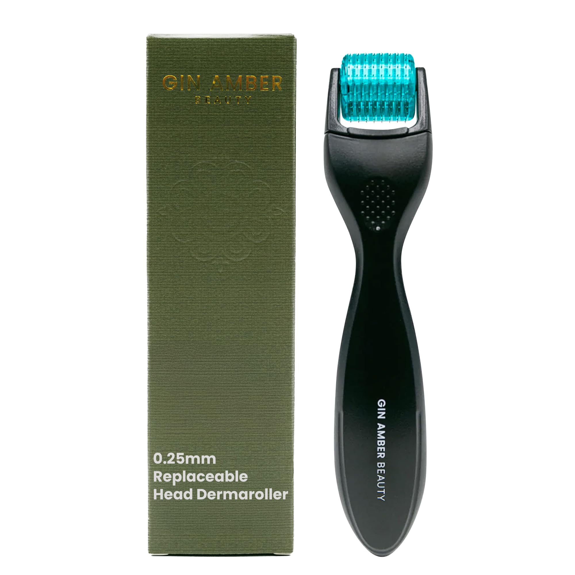 Gin Amber Beauty derma roller close-up showcasing 192 needles and replaceable head design for improved serum absorption.