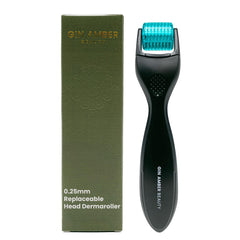 Gin Amber Beauty derma roller close-up showcasing 192 needles and replaceable head design for improved serum absorption.