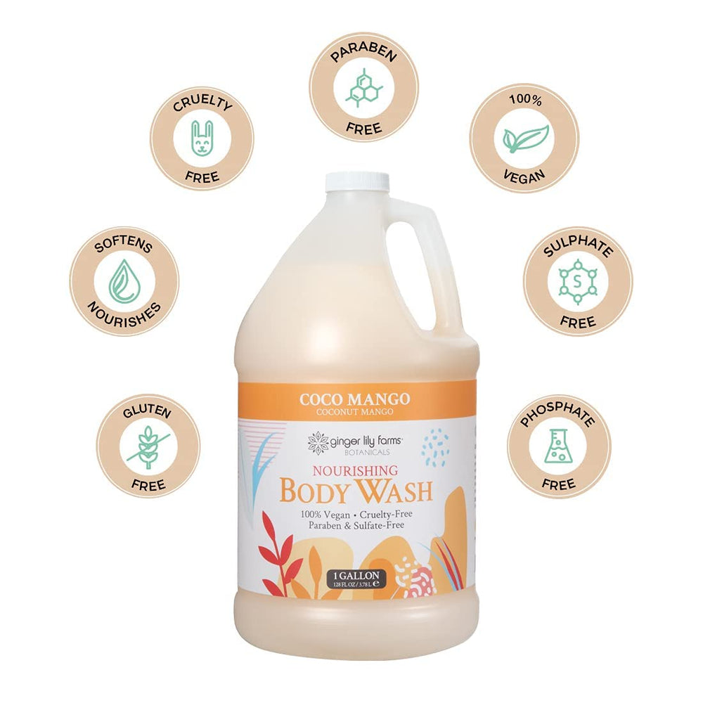 Ginger Lily Farms Coco Mango scent pouring evokes tropical, refreshing shower experience.