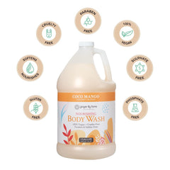 Ginger Lily Farms Coco Mango scent pouring evokes tropical, refreshing shower experience.