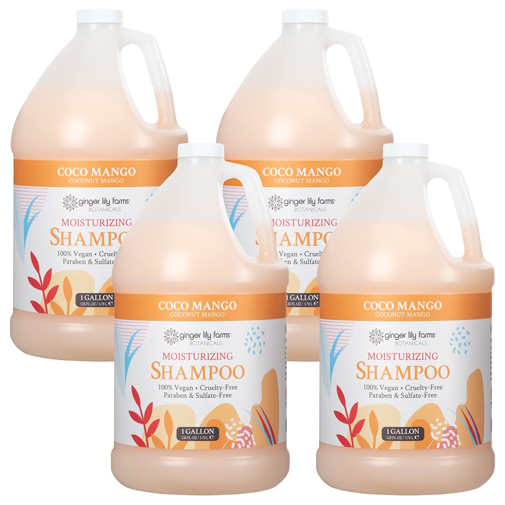 Ginger Lily Farms Botanicals Coco Mango shampoo bottle demonstrates vegan, moisturizing formula for all hair types.