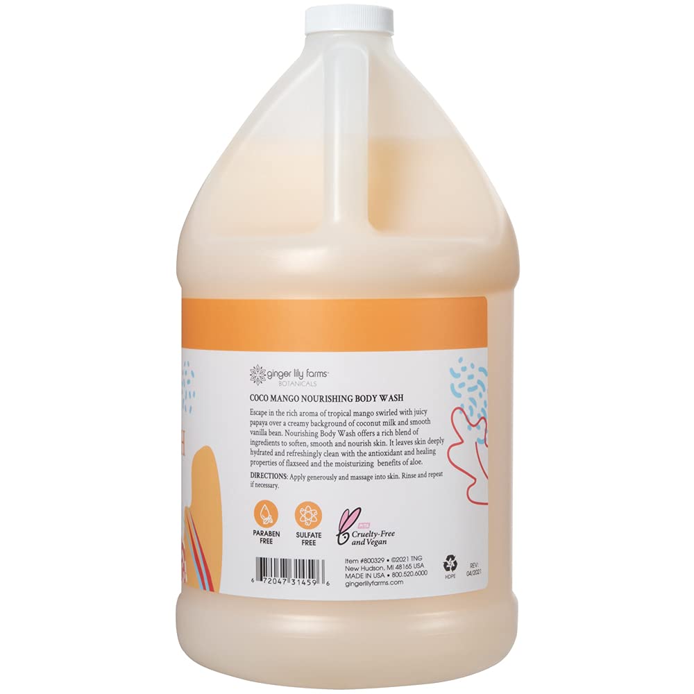 Gallon refill packaging for Ginger Lily Farms Botanicals Coco Mango body wash.