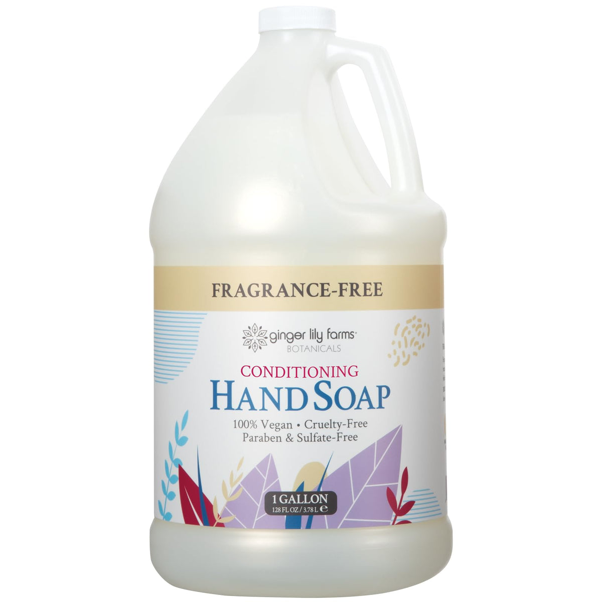 Ginger Lily Farms Botanicals hand soap refill 1gal in a dispenser for convenient refills.