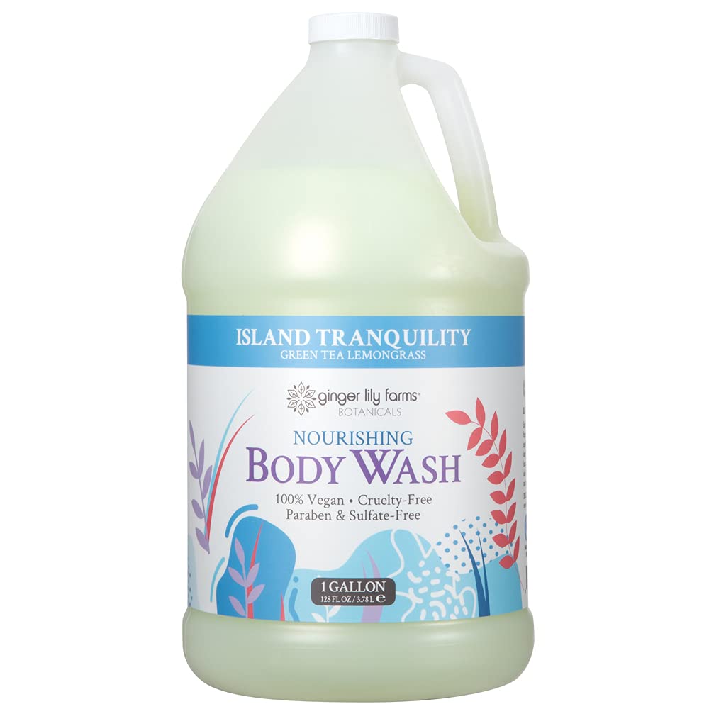 Ginger Lily Farms Island Tranquility gallon refill label highlighting eco-friendly packaging