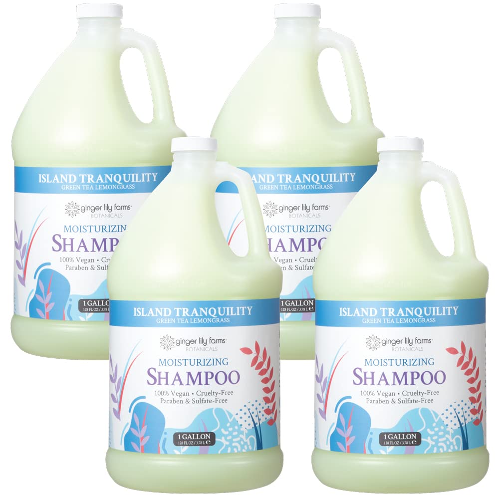 Ginger Lily Farms Botanicals Island Tranquility shampoo bottle closeup shows lasting moisture for all hair types.