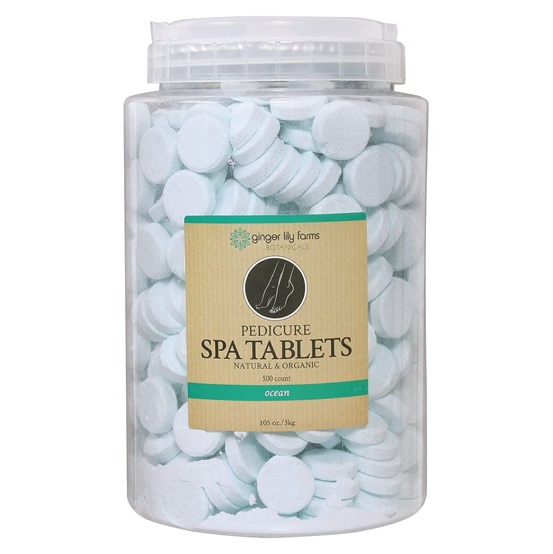 Ginger Lily Farms Botanicals pedicure tablets packaging promotes organic foot care.