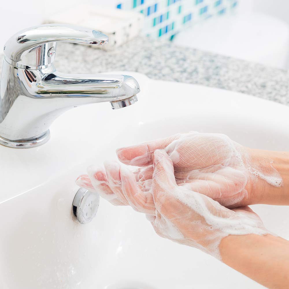 Ginger Lily Farms Botanicals bathroom-use image illustrating fragrance-free hand washing.