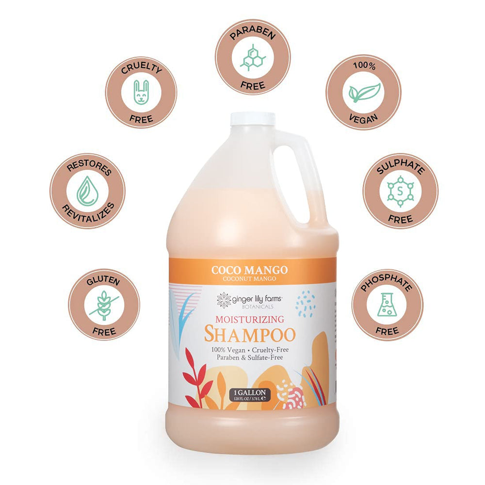 Ginger Lily Farms Botanicals shampoo close-up on aloe and flaxseed ingredients.