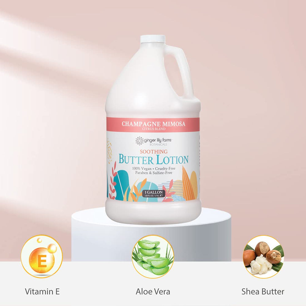 Ginger Lily Farms Botanicals soothing butter lotion gallon packaging emphasizing refill use
