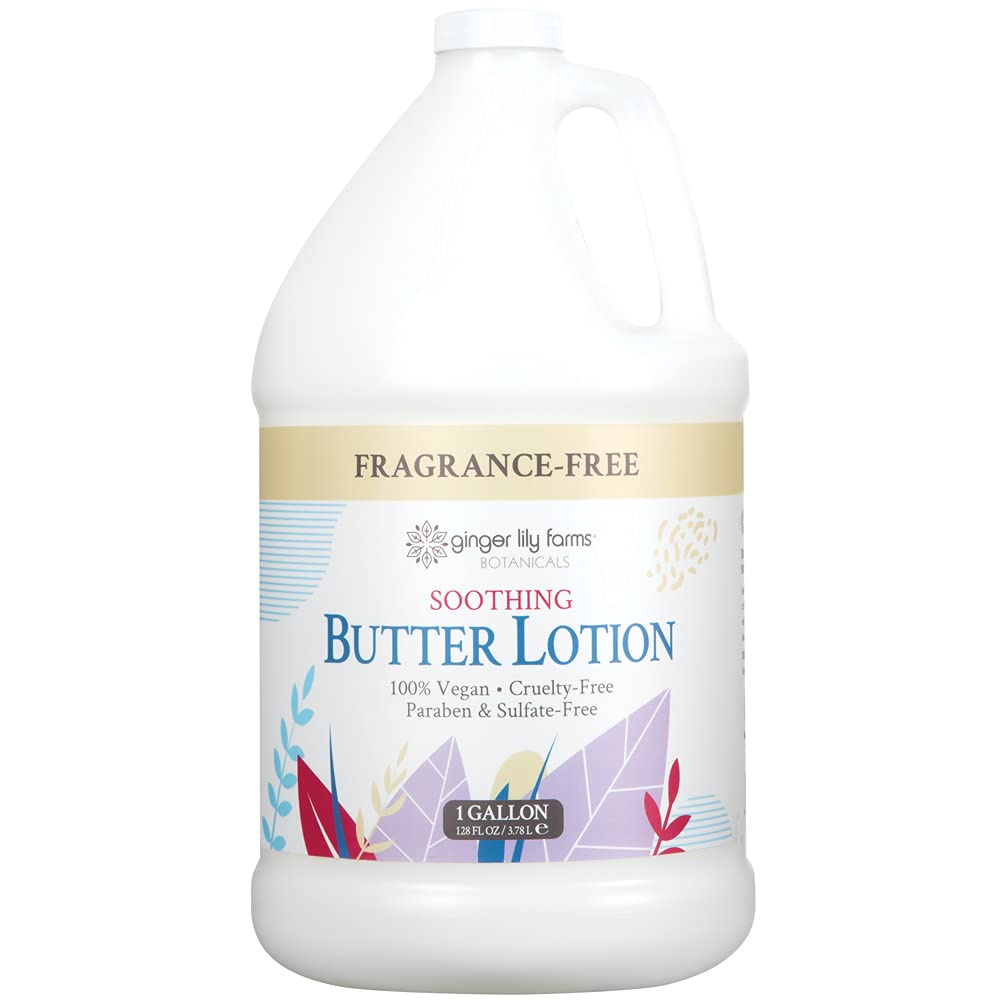 Ginger Lily Farms Botanicals Soothing Butter Lotion pump demonstrates quick absorption and silky hydration