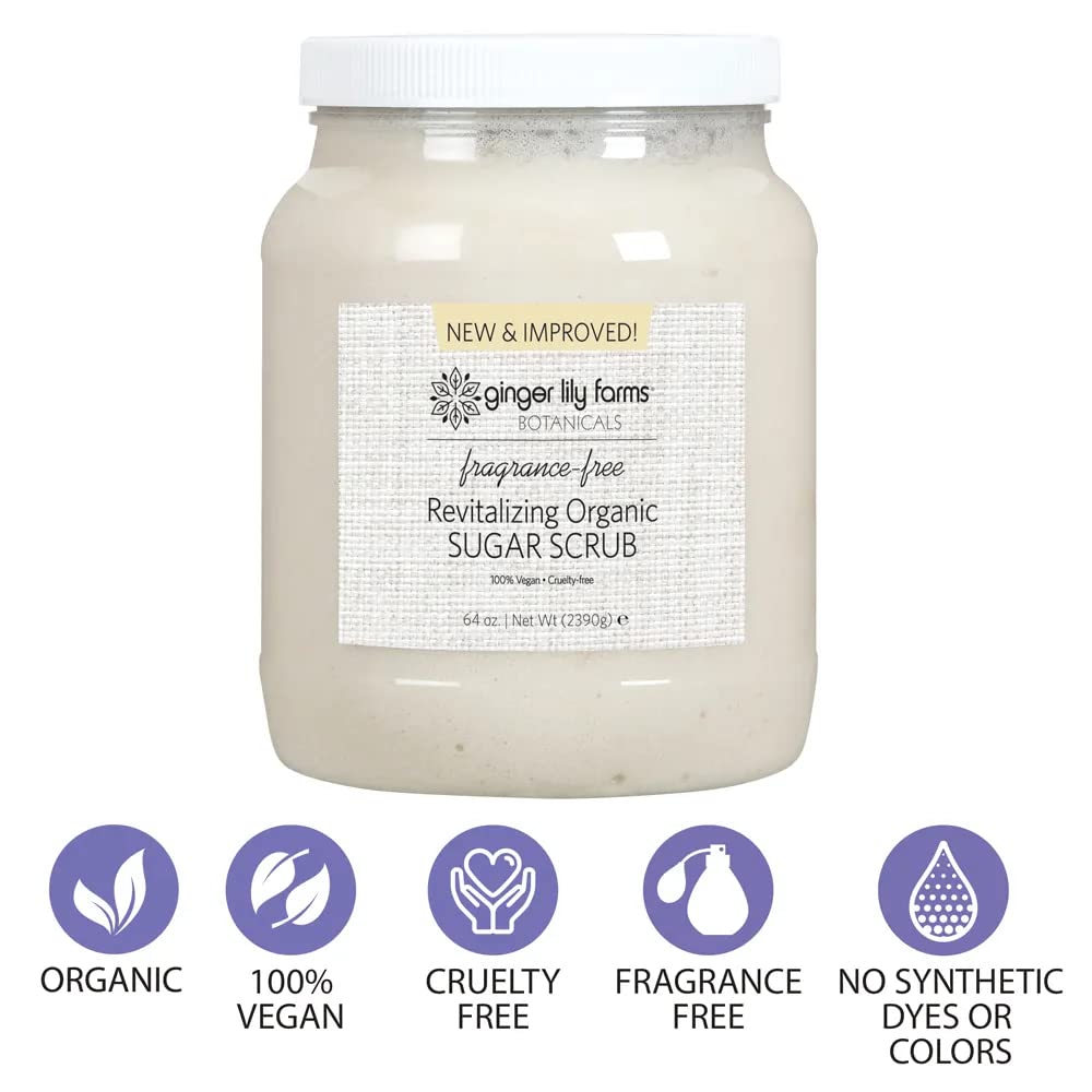 Ginger Lily Farms Botanicals unscented sugar scrub bottle ideal for sensitive skin