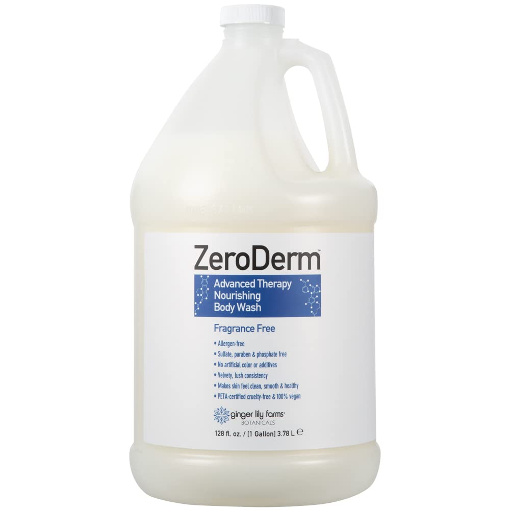 Ginger Lily Farms ZeroDerm body wash bottle highlights fragrance-free, gentle cleansing for sensitive skin.