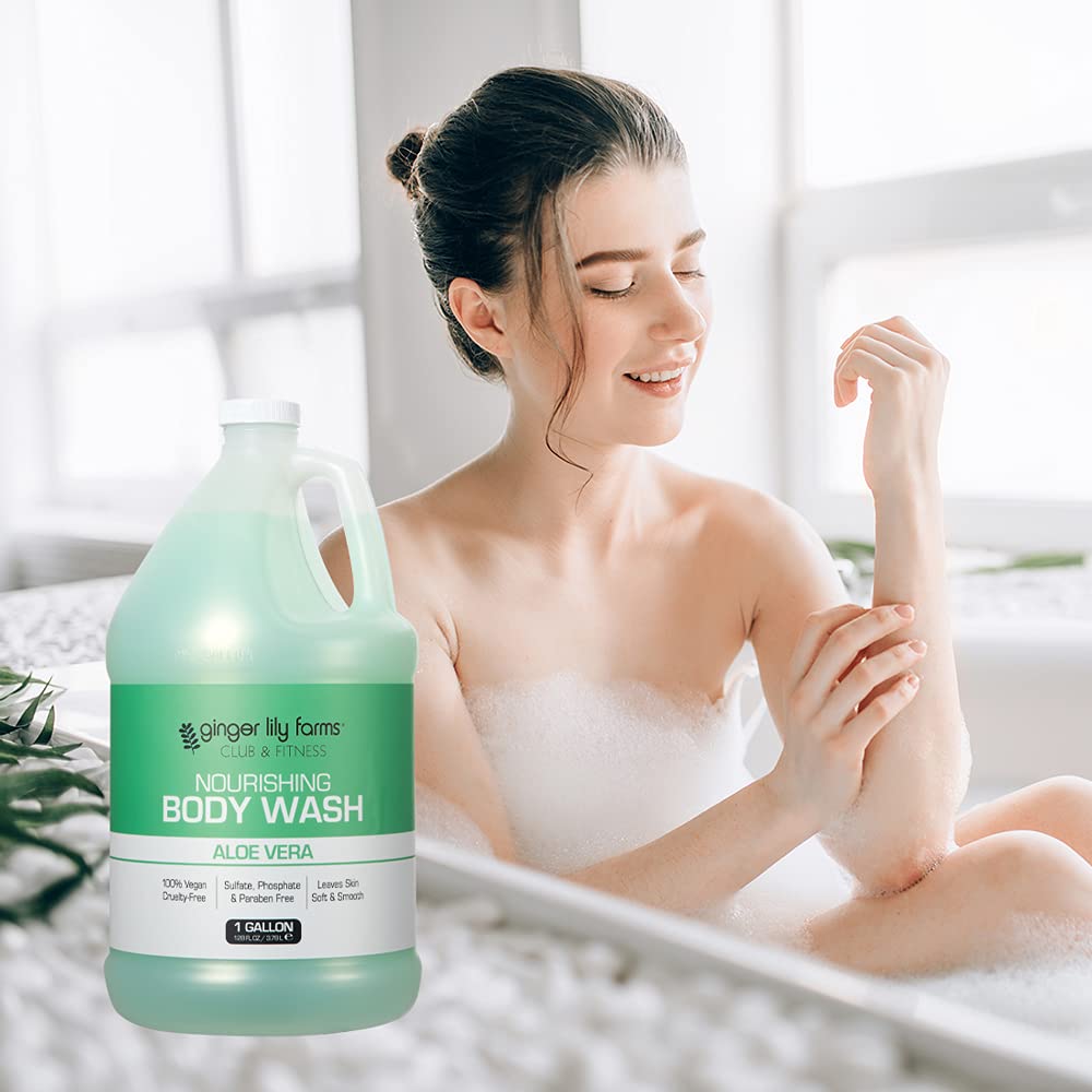 Ginger Lily Farms Club & Fitness bottle-closeup focuses on plant-based ingredients for soothing skin.