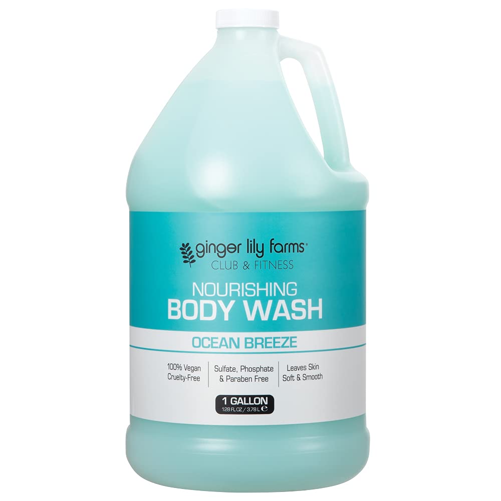Ginger Lily Farms Club & Fitness body wash bottle pouring with silky post-workout lather.