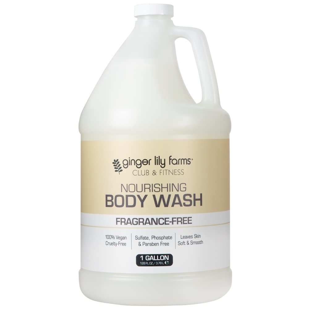 Ginger Lily Farms Club & Fitness body wash bottle shows fragrance-free formula for sensitive skin.