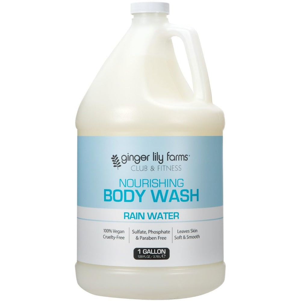 Ginger Lily Farms Club & Fitness body wash bottle with Rain Water scent for post-workout refreshment.