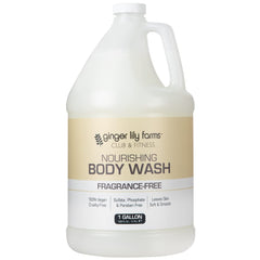 Ginger Lily Farms Club & Fitness body wash bottle shows fragrance-free formula for sensitive skin.