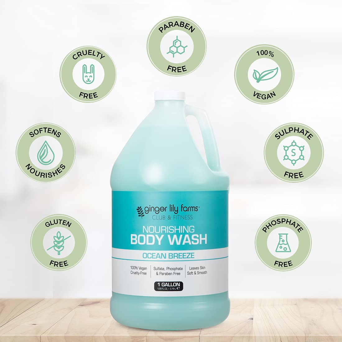 Ginger Lily Farms Club & Fitness body wash close-up shows creamy formula for refreshed skin.