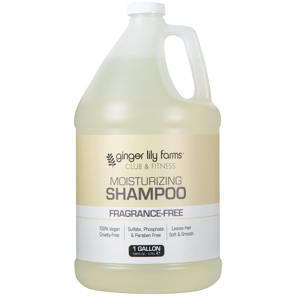 Ginger Lily Farms Club & Fitness fragrance-free shampoo bottle for all hair types.