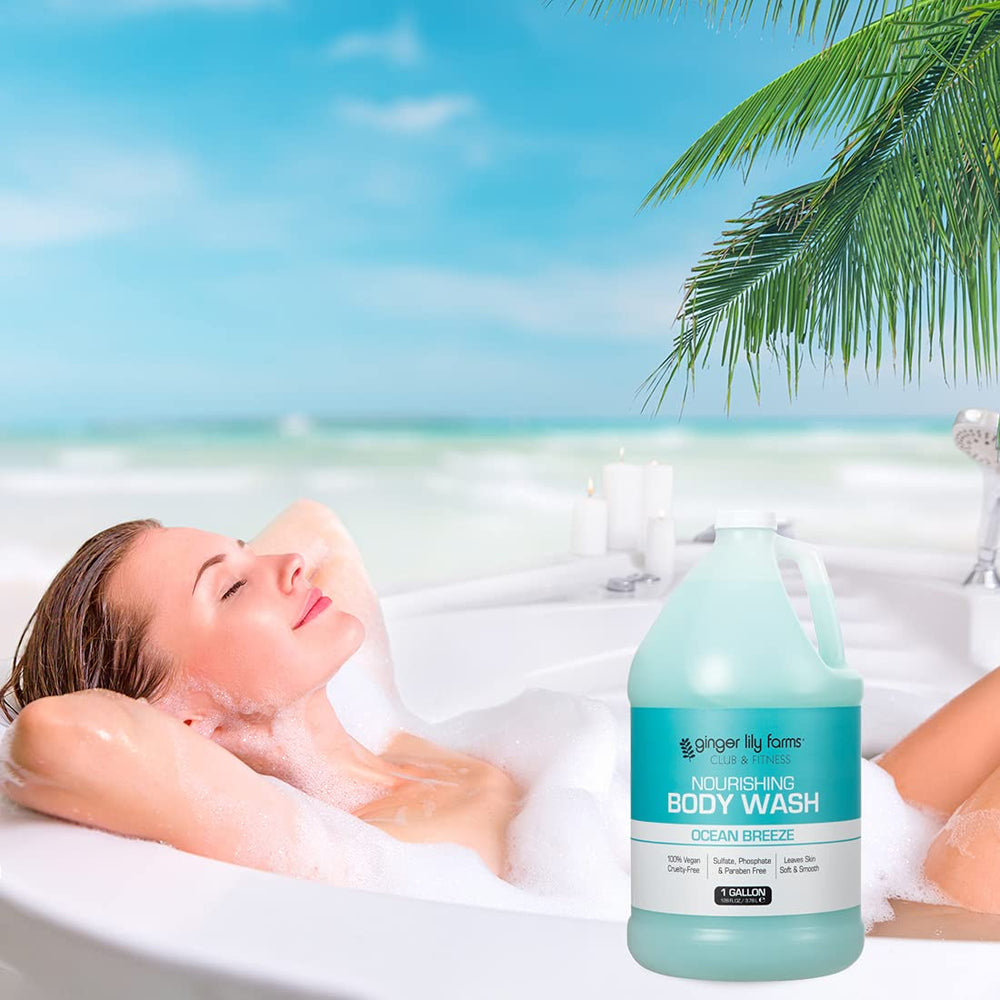 Ginger Lily Farms Club & Fitness refill gallon highlights bulk, sustainable gym use.