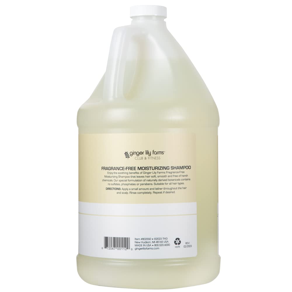 Ginger Lily Farms Club & Fitness shampoo pour showing fragrance-free formula.